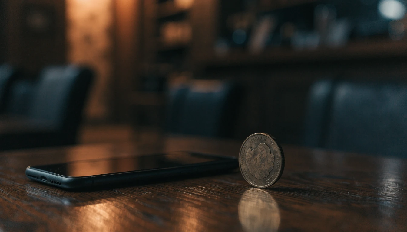 Single Australian one-dollar coin next to a smartphone on a dark table.