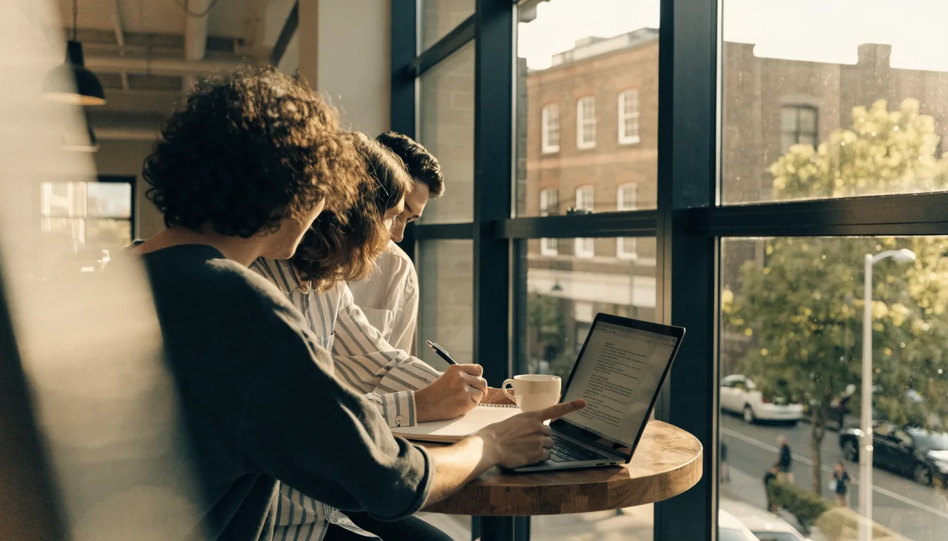 Small team collaborating in a bright Australian co-working office.