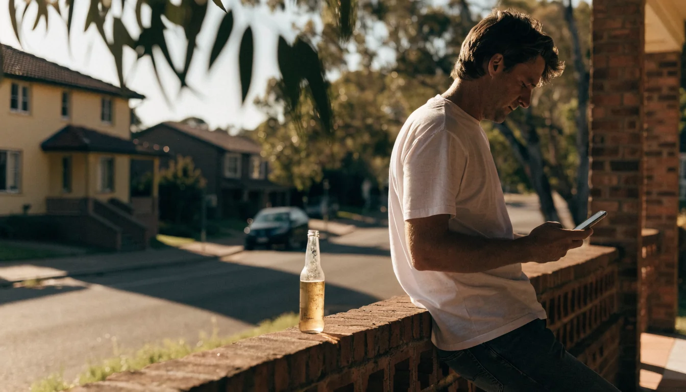 Australian man holding a smartphone on a suburban verandah at golden hour