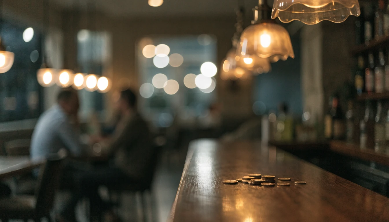 Australian RSL club interior at dusk with warm amber lighting and scattered coins on a wooden bar counter