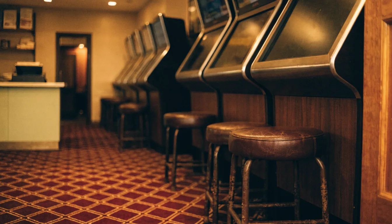 Atmospheric interior of an Australian pokie venue with dimmed gaming machines and patterned carpet.