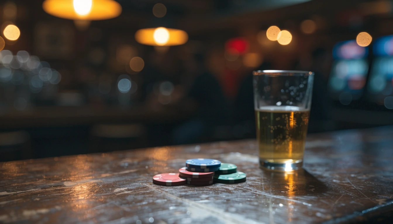 Stack of colorful gambling chips on a wooden pub bar beside a beer glass, warm amber lighting