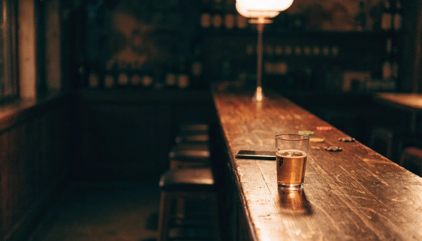 Australian pub bar counter with chips and a face-down phone at night