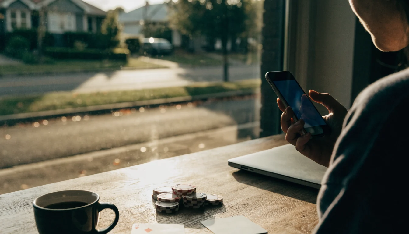 Smartphone beside poker chips and cards on a table in a casual Australian apartment.