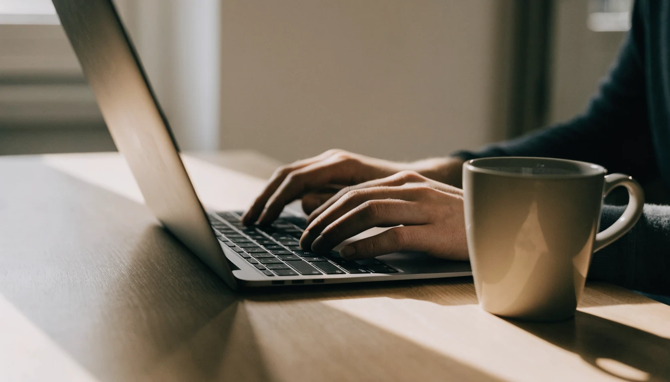 Hands typing on a laptop at a sunlit desk with a coffee mug.