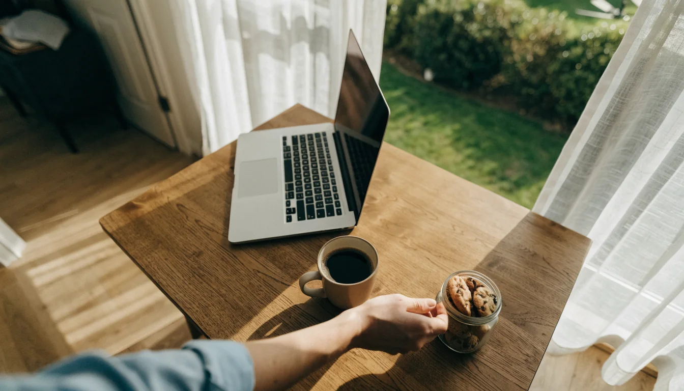 Hand reaching for cookie jar beside an open laptop on a sunlit kitchen table.