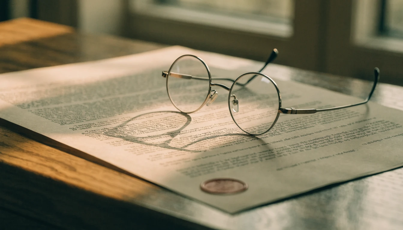Close-up of a printed legal document with reading glasses on a wooden desk