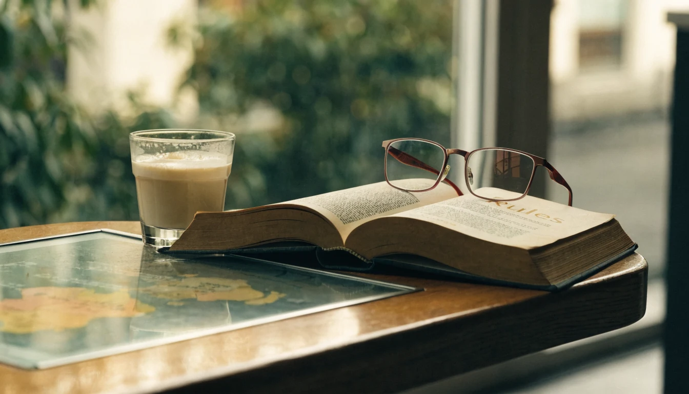 Open paperback book with reading glasses on a wooden cafe table