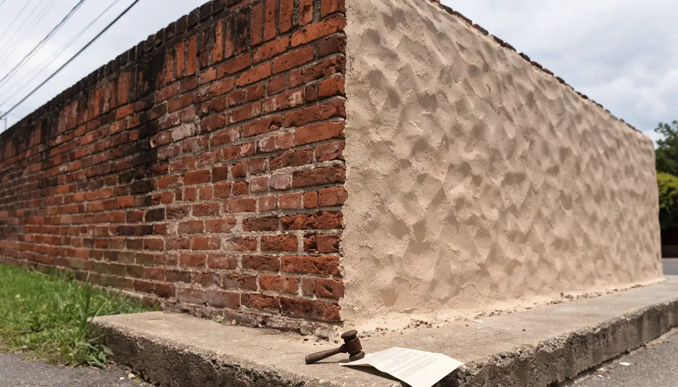 A brick wall divided between old and new sections with a small gavel at its base
