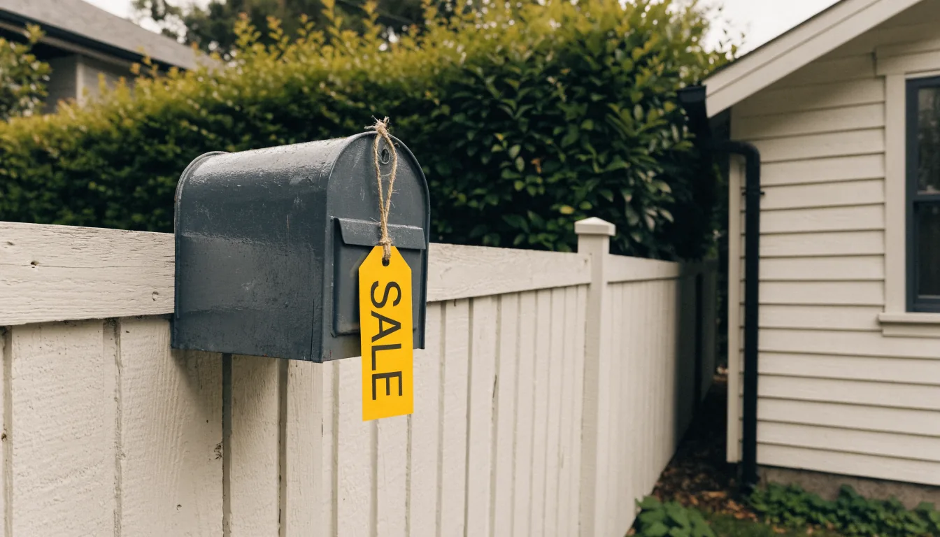 A yellow sale tag tied to a closed grey metal mailbox on a fence