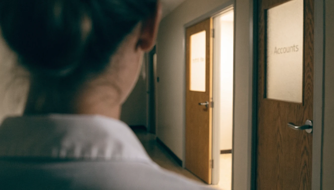 A closed frosted-glass office door beside an open one spilling warm light
