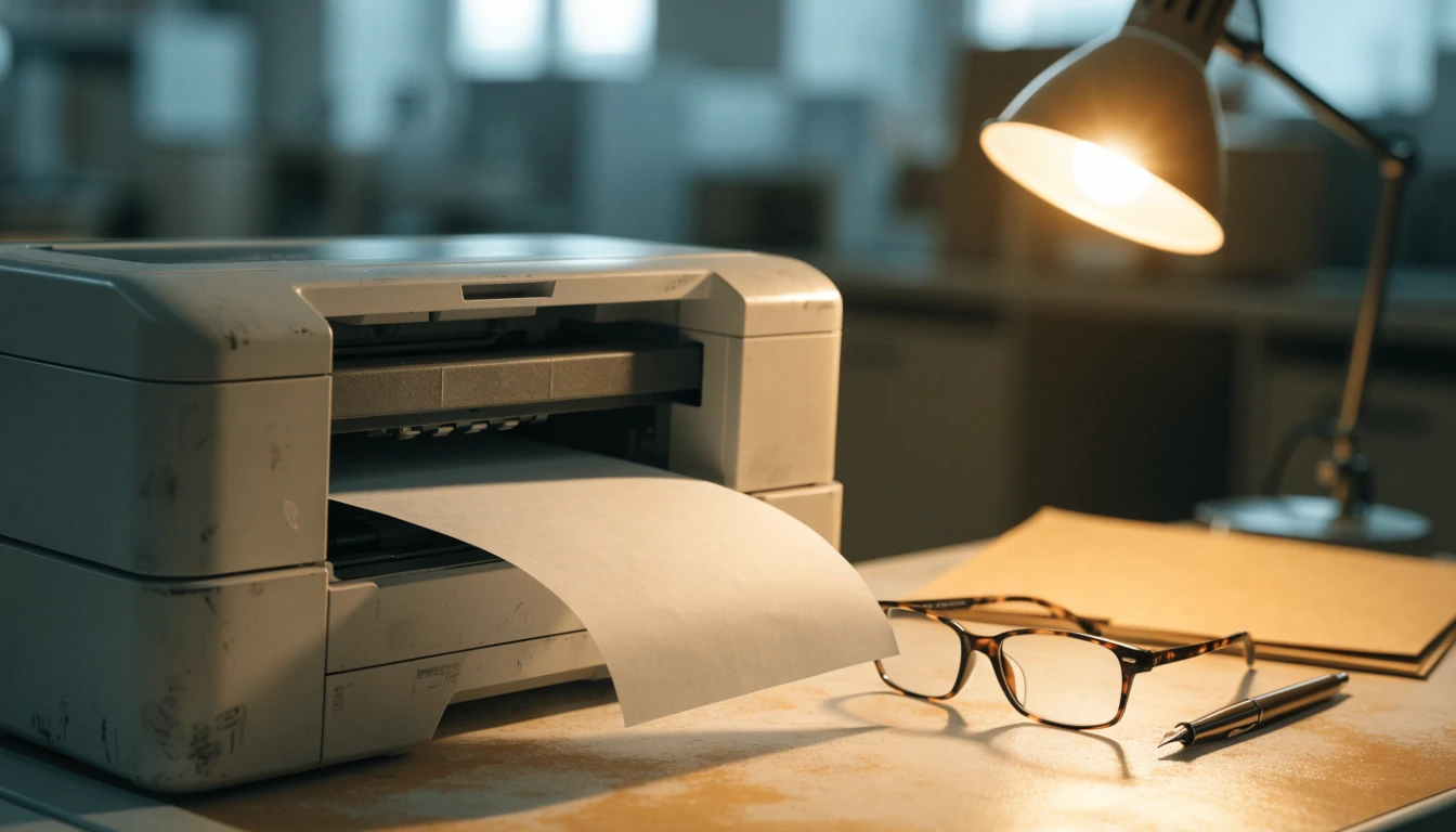 A slow office printer feeding a page onto a desk with glasses and a folder