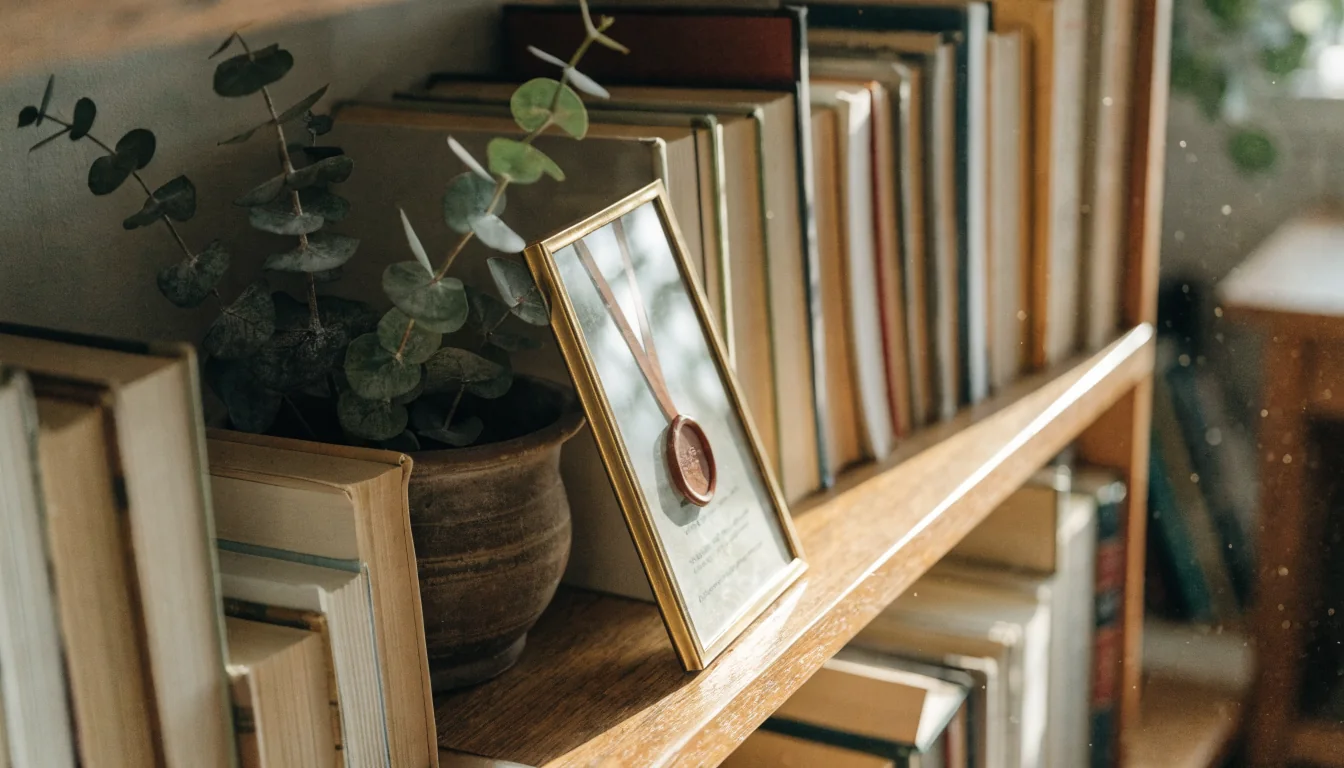 A framed foreign certificate turned to the wall on a living-room bookshelf