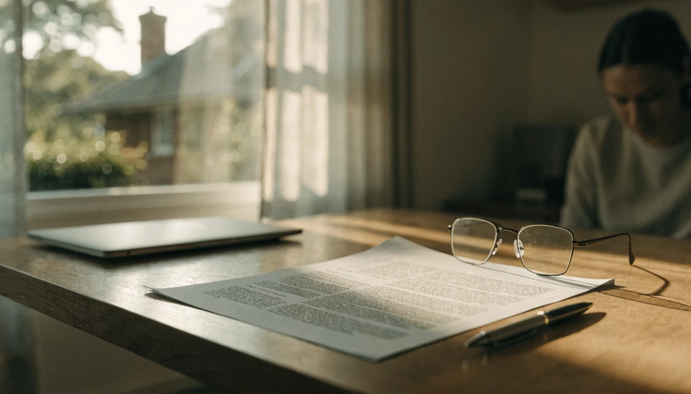 Legal document and reading glasses on a desk in a home office.