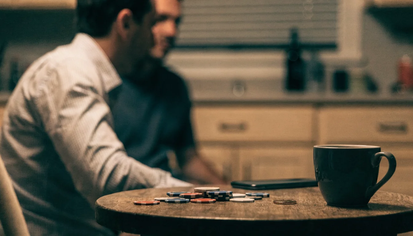 Casual home scene with poker chips and a face-down phone on a kitchen table.
