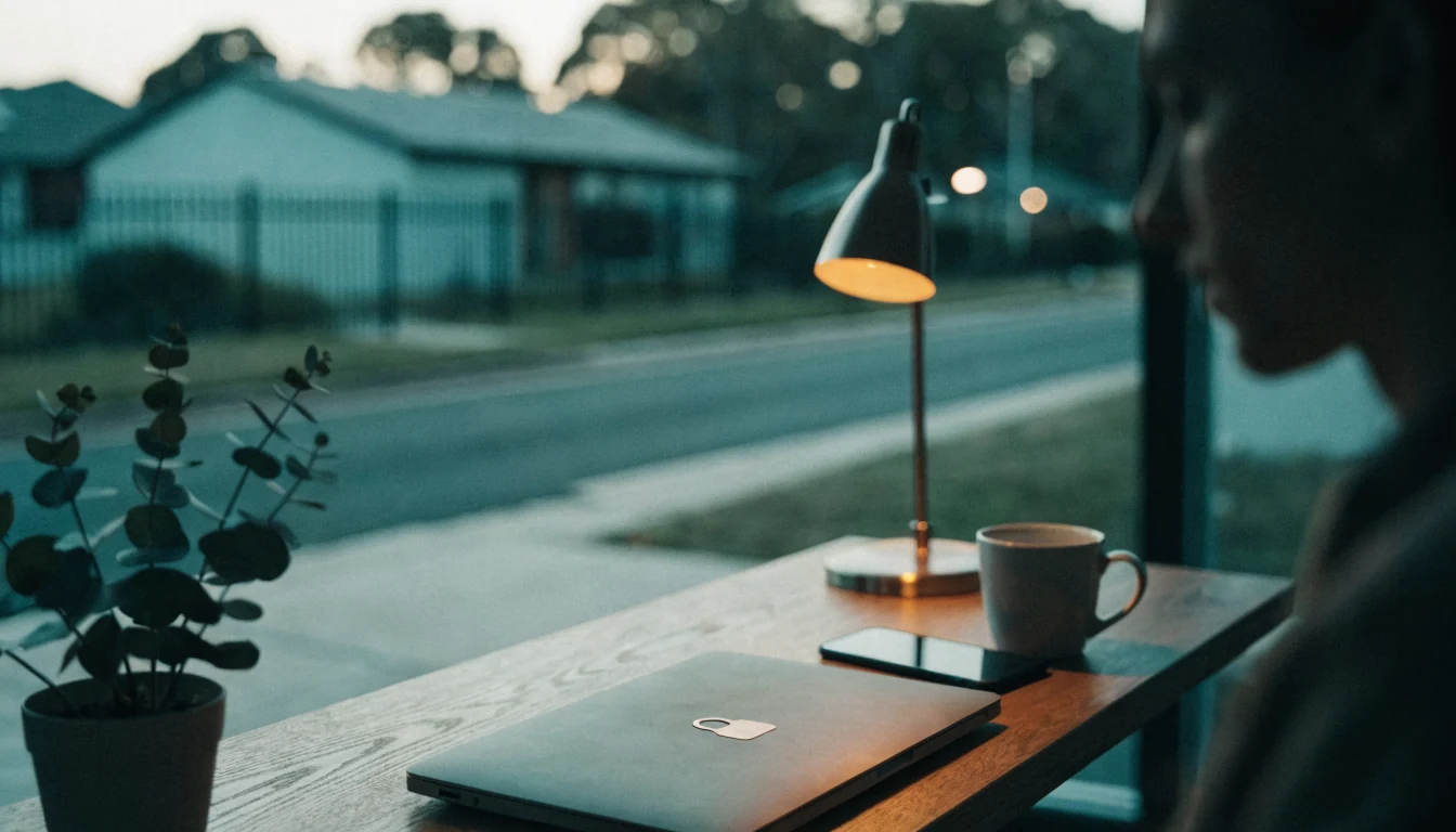 Closed laptop with padlock sticker on home office desk at dusk, Australian suburb