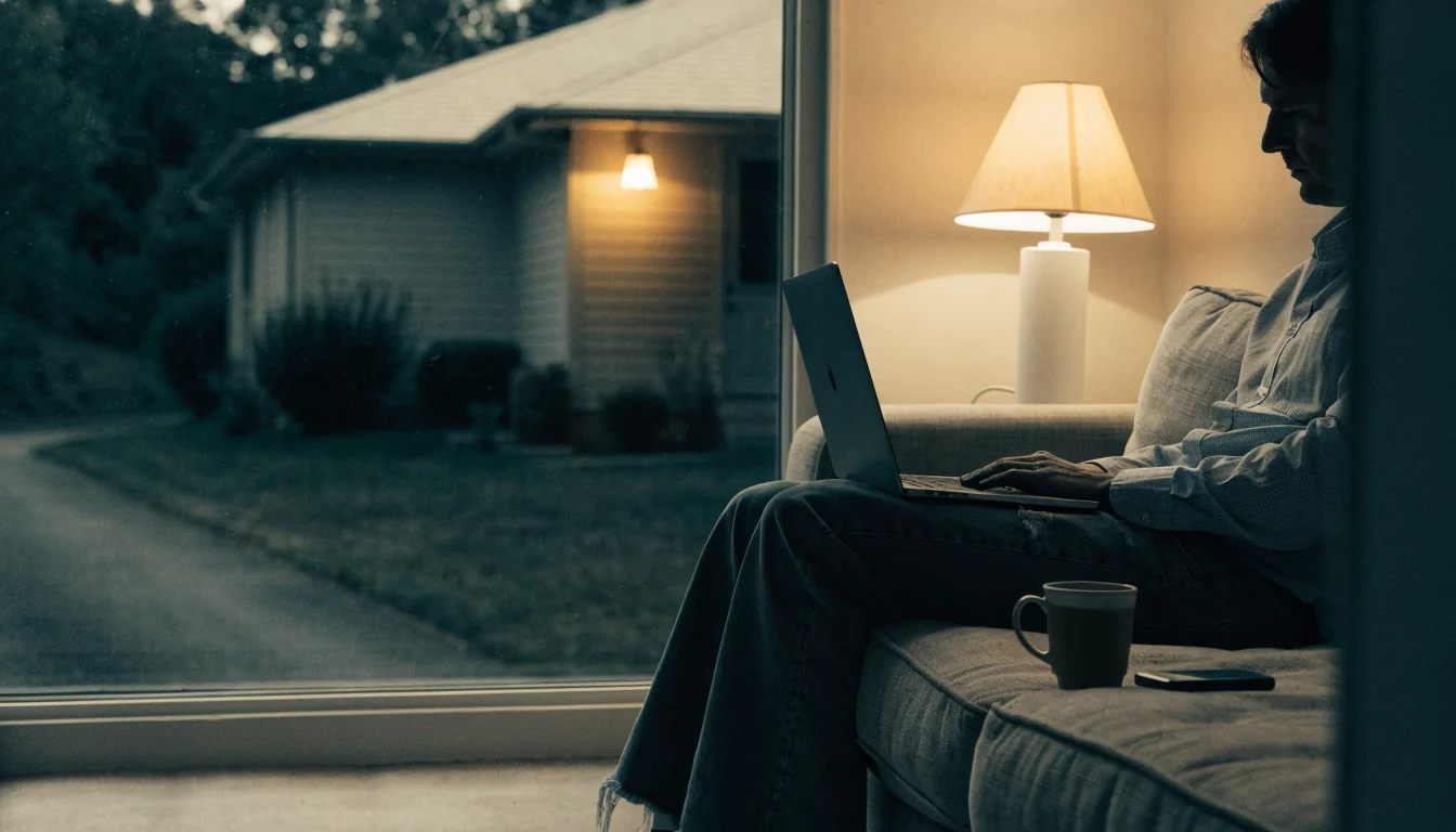 Australian man using a laptop on a sofa at night, suburban home interior