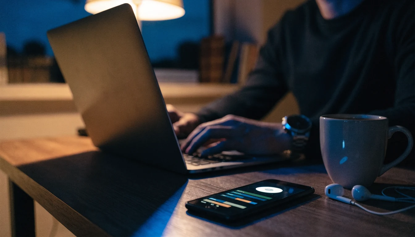 Australian player gaming at a home desk with laptop and crypto wallet phone at night
