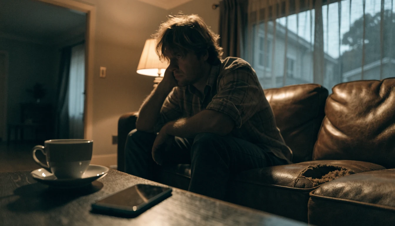 Man pausing at home with phone face-down on coffee table