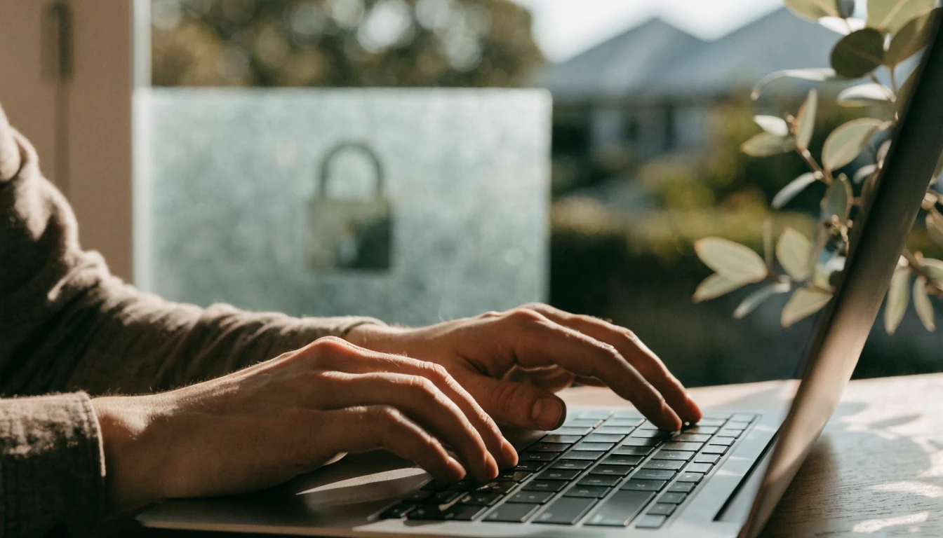 Hands typing on laptop with frosted glass padlock in background