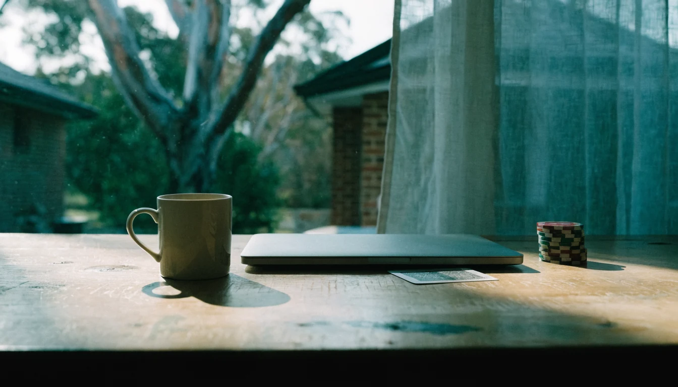 Closed laptop beside stacked chips and a playing card on a wooden table in an Australian home, late afternoon light
