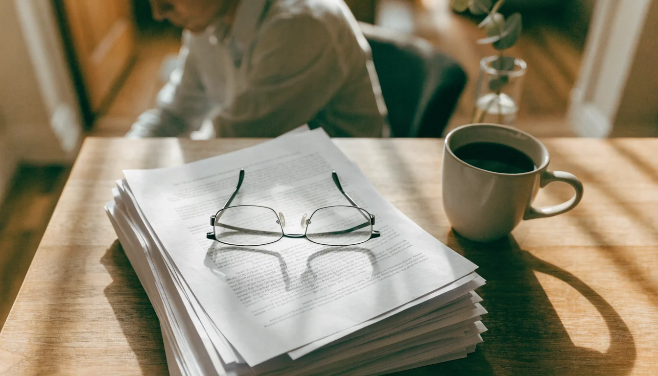 Stack of printed documents with reading glasses and coffee mug on a wooden desk in warm morning light