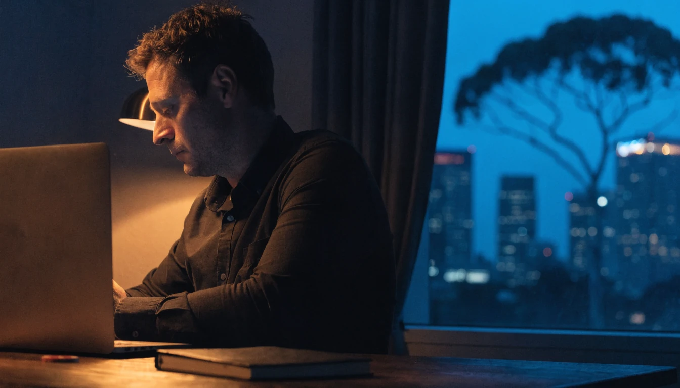 Australian man at night desk with turned laptop and poker chip